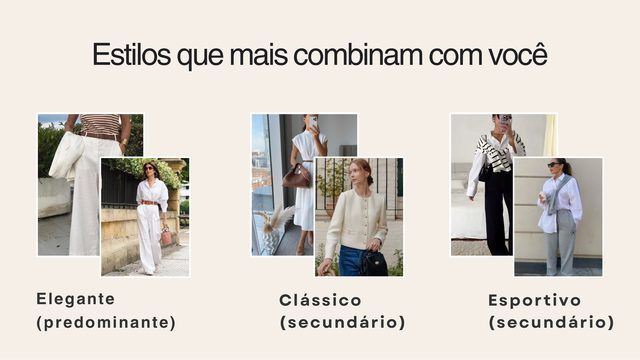Página do dossiê com os estilos que mais combinam com a cliente: elegante, clássico e esportivo
